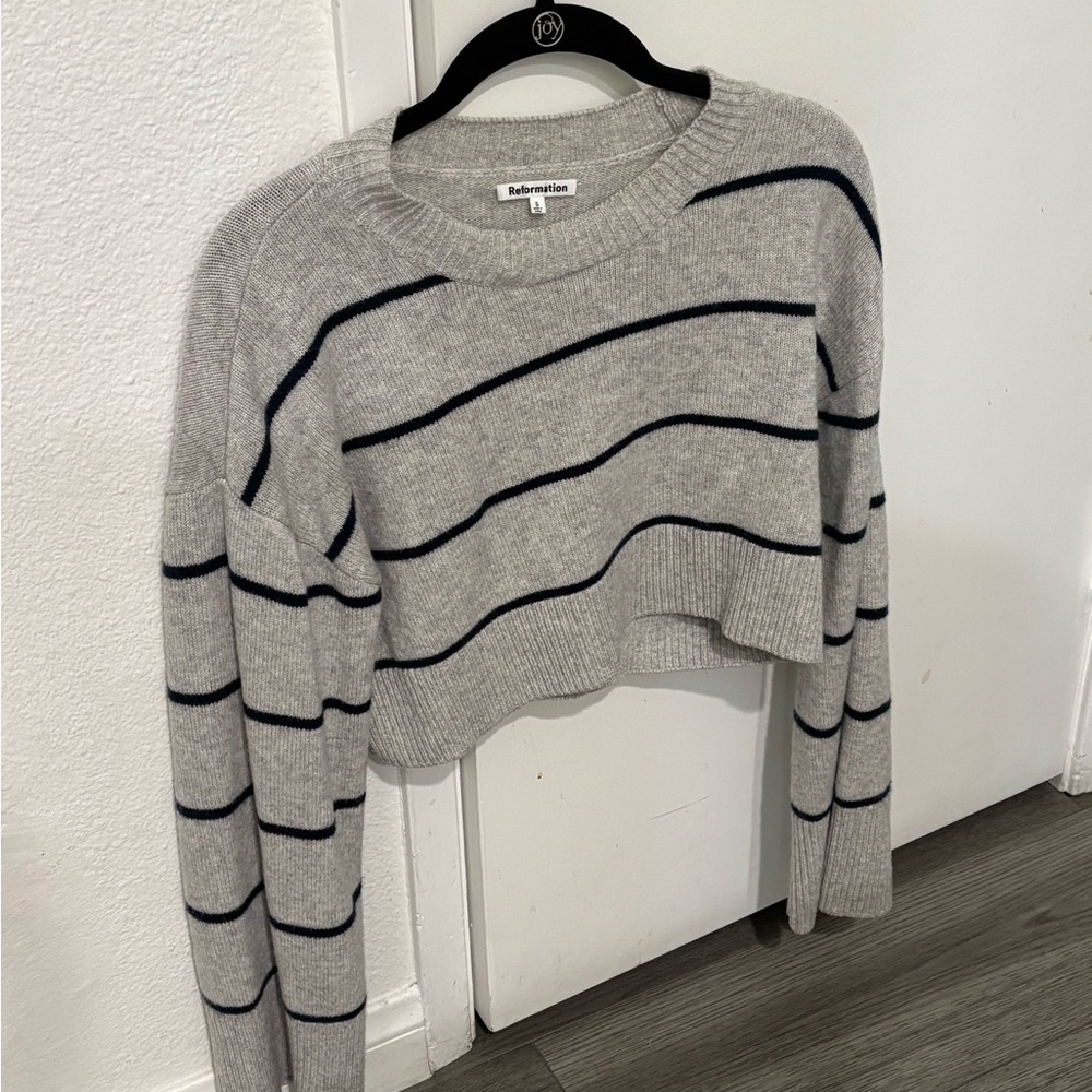 Reformation Gray Stripe Cropped Crewneck Sweater